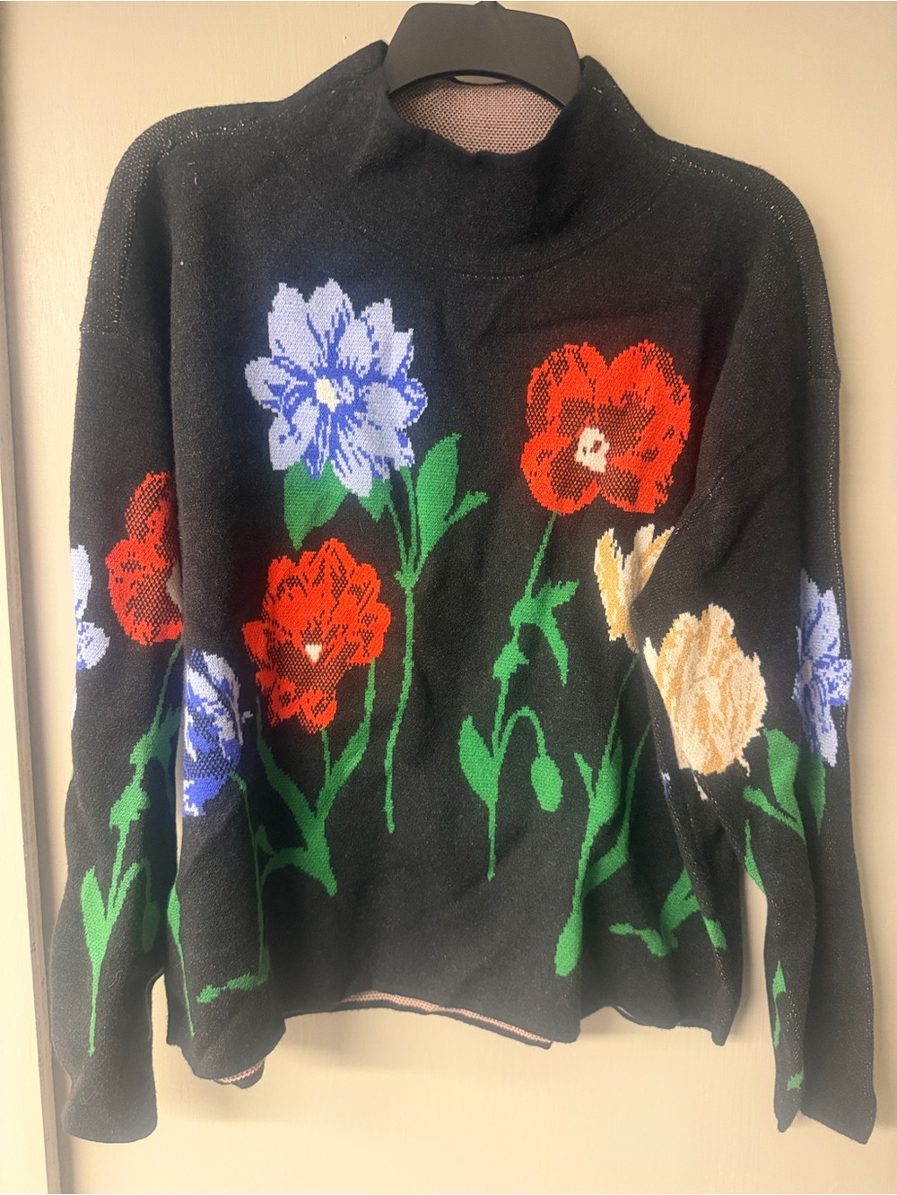 Anthropologie’s Maeve Black Floral Knit Sweater with Red, Blue & Cream Blooms